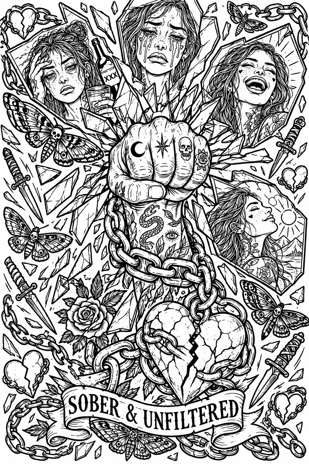 Sober & Unfiltered recovery coloring page: a tattooed fist smashing a mirror with shards showing different versions of self