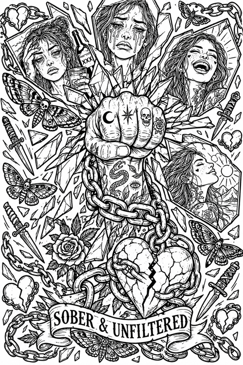 Sober & Unfiltered recovery coloring page: a tattooed fist smashing a mirror with shards showing different versions of self
